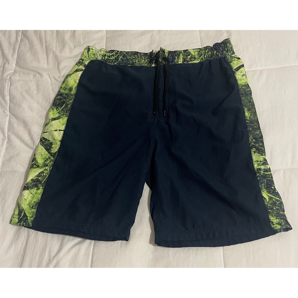 Beach Rays Mens Navy Blue Lime Green Abstract Board Shorts Swim Trunks Size L